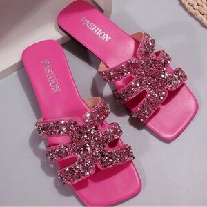 Sparkly Glittery Pink Flat Sandals for women